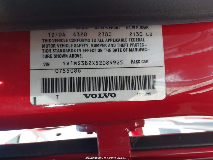 2005 Volvo S40 2.4I VIN: YV1MS382X52089925 Lot: 44747377