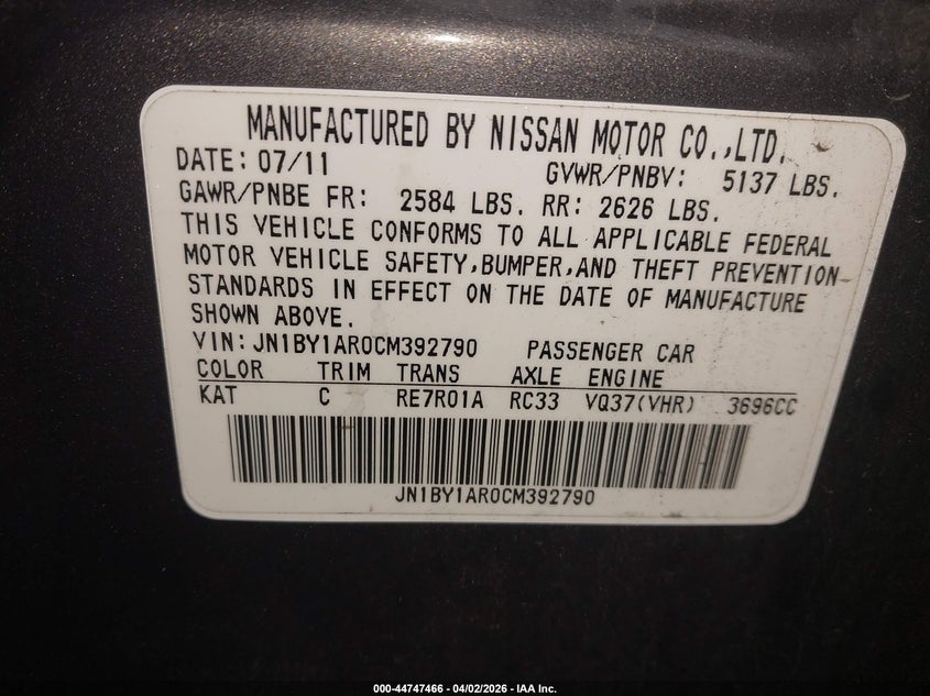 2012 Infiniti M37X VIN: JN1BY1AR0CM392790 Lot: 44747466