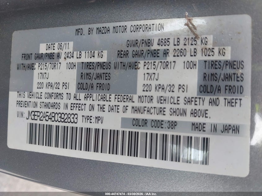 2011 Mazda Cx-7 I Sv VIN: JM3ER2A54B0392833 Lot: 44747474