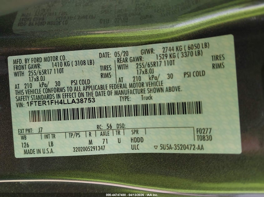 2020 Ford Ranger Xlt VIN: 1FTER1FH4LLA38753 Lot: 44747488