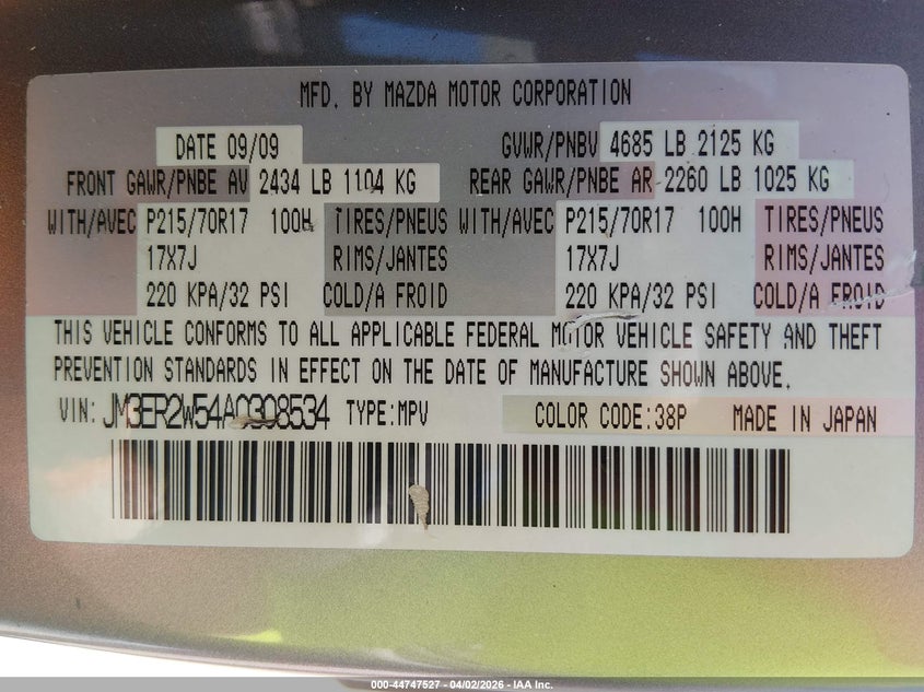 2010 Mazda Cx-7 I Sport VIN: JM3ER2W54A0308534 Lot: 44747527