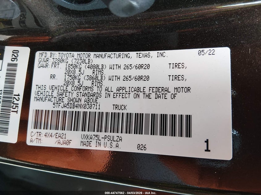 2022 Toyota Tundra Limited VIN: 5TFJA5DB4NX030711 Lot: 44747562