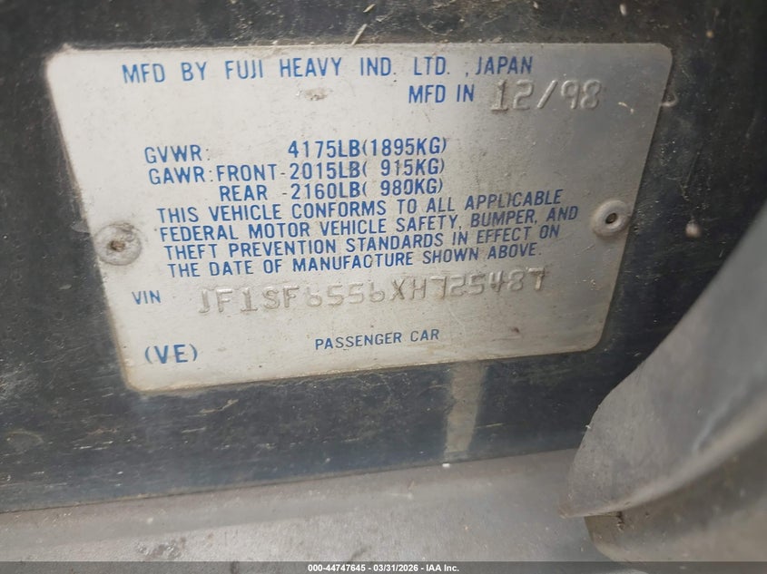 1999 Subaru Forester S VIN: JF1SF6556XH725487 Lot: 44747645