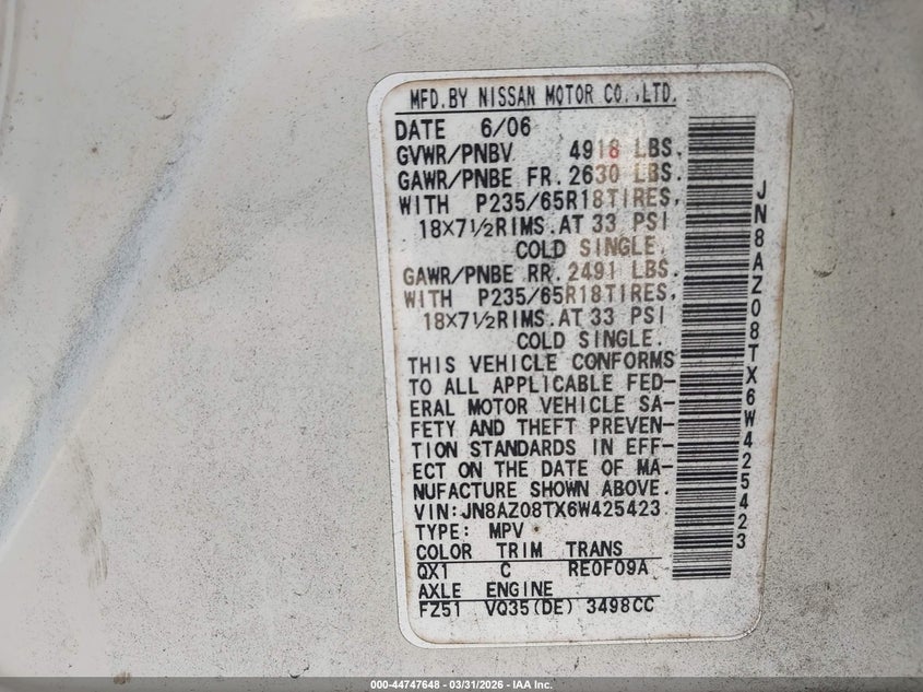 2006 Nissan Murano S VIN: JN8AZ08TX6W425423 Lot: 44747648