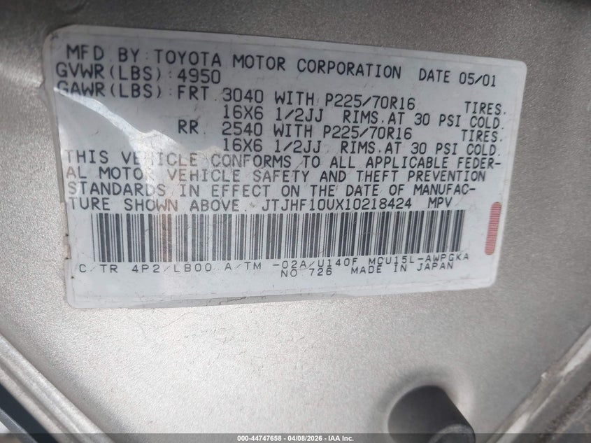 2001 Lexus Rx 300 VIN: JTJHF10UX10218424 Lot: 44747658