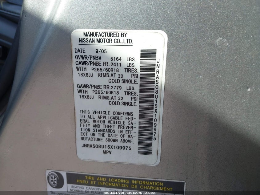 2005 Infiniti Fx35 VIN: JNRAS08U15X109975 Lot: 44747700