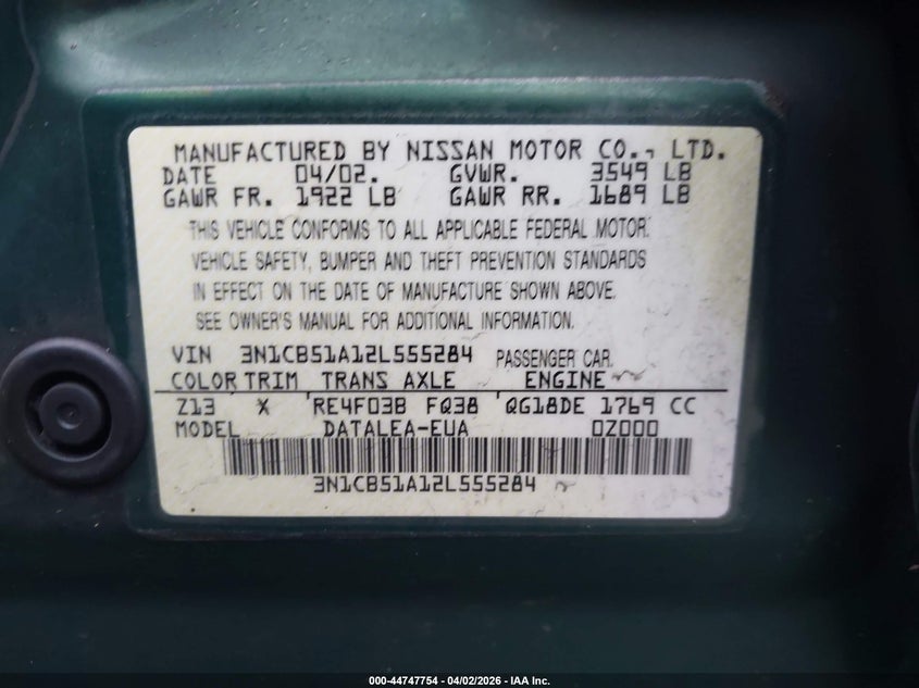 2002 Nissan Sentra Gxe VIN: 3N1CB51A12L555284 Lot: 44747754