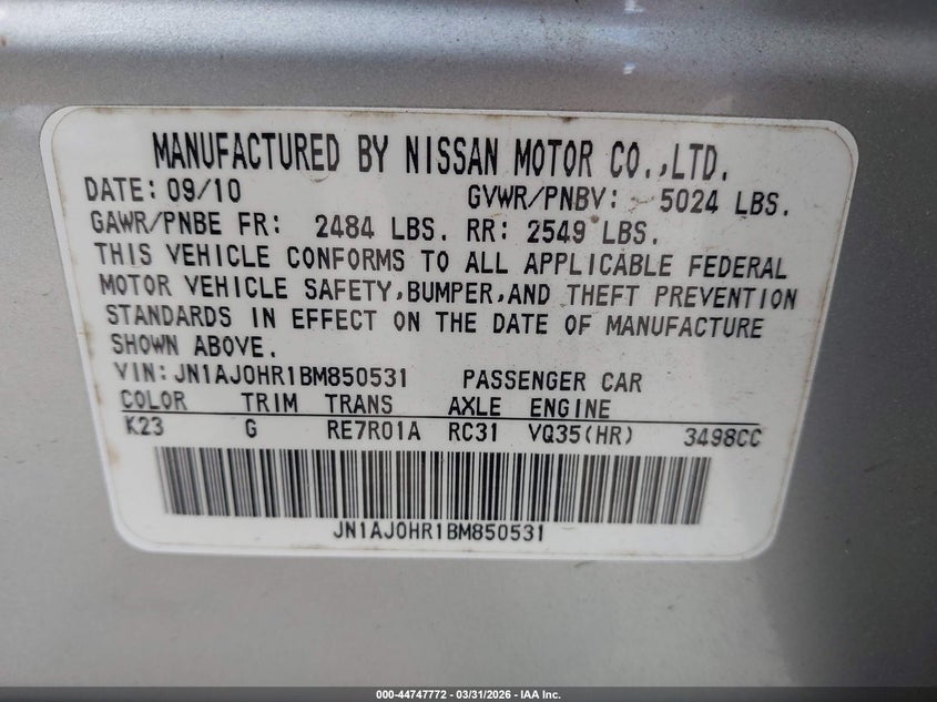 2011 Infiniti Ex35 Journey VIN: JN1AJ0HR1BM850531 Lot: 44747772