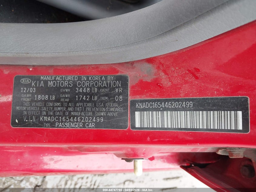2004 Kia Rio Cinco VIN: KNADC165446202499 Lot: 44747785