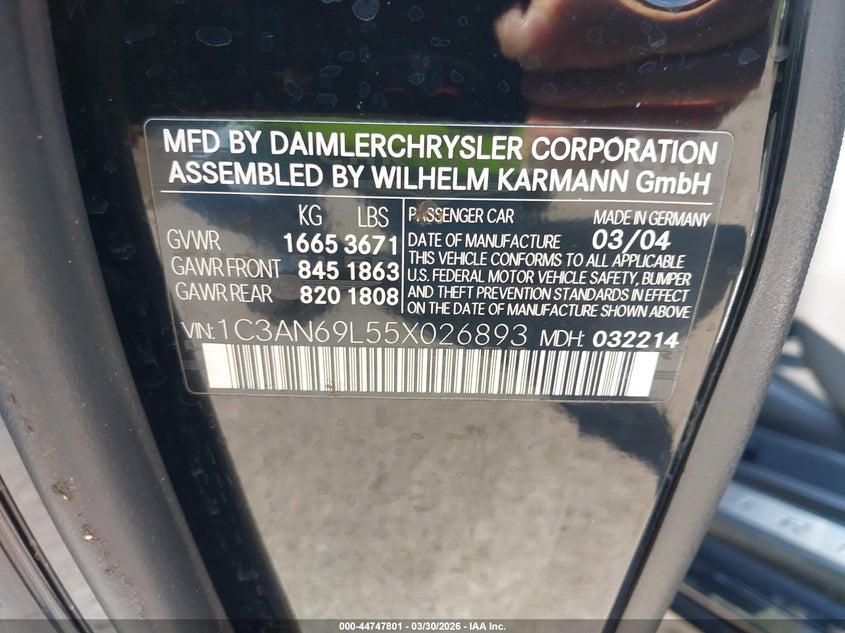 2005 Chrysler Crossfire Limited VIN: 1C3AN69L55X026893 Lot: 44747801