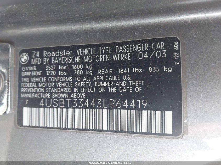 2003 BMW Z4 2.5I VIN: 4USBT33443LR64419 Lot: 44747847