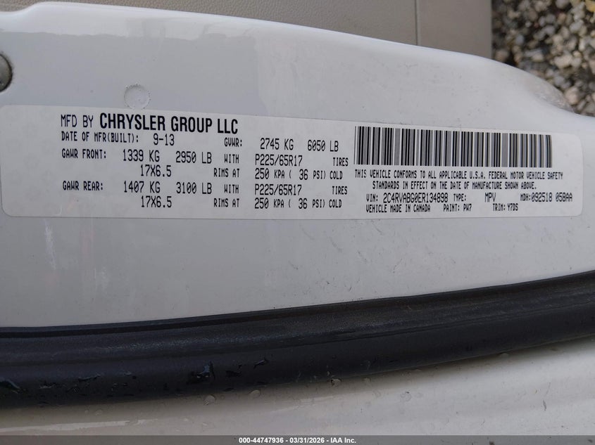 2014 Volkswagen Routan Se VIN: 2C4RVABG0ER134898 Lot: 44747936