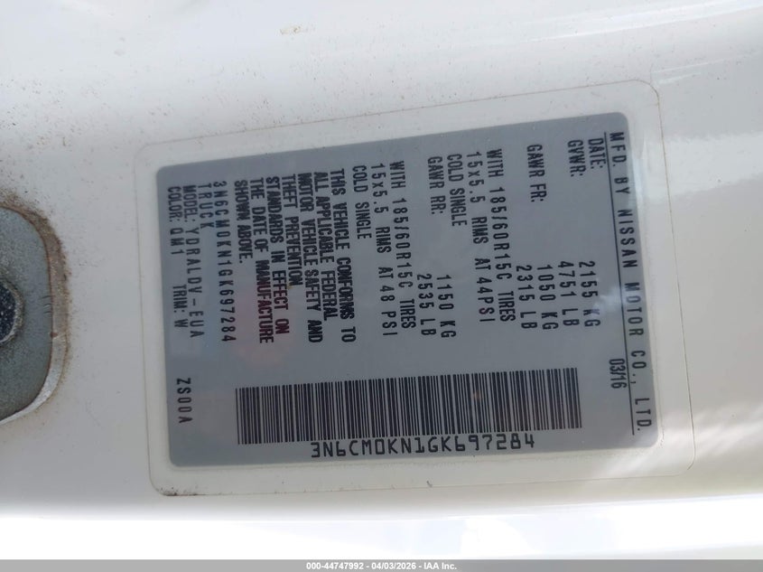 2016 Nissan Nv200 S VIN: 3N6CM0KN1GK697284 Lot: 44747992