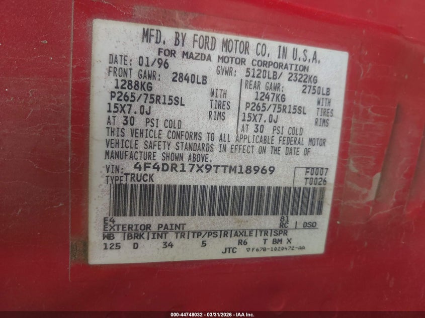 1996 Mazda B4000 Cab Plus VIN: 4F4DR17X9TTM18969 Lot: 44748032