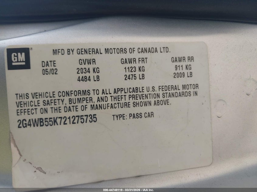 2002 Buick Regal Ls VIN: 2G4WB55K721275735 Lot: 44748119