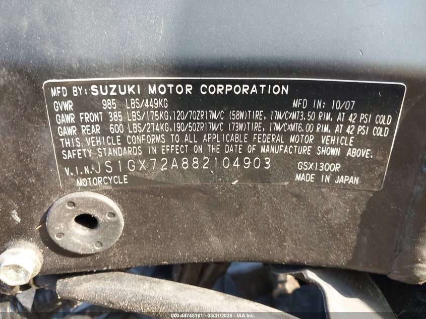 2008 Suzuki Gsx1300 R VIN: JS1GX72A882104903 Lot: 44748161