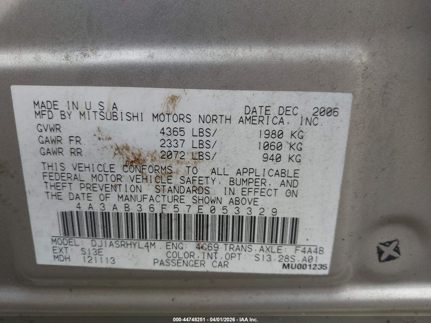 2007 Mitsubishi Galant Es/Se VIN: 4A3AB36F57E053329 Lot: 44748251