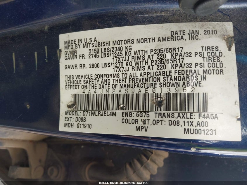 2010 Mitsubishi Endeavor Ls VIN: 4A4JM2AS9AE013962 Lot: 44748260