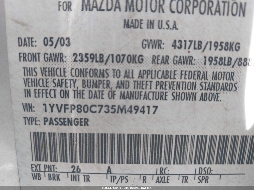 2003 Mazda Mazda6 I VIN: 1YVFP80C735M49417 Lot: 44748281