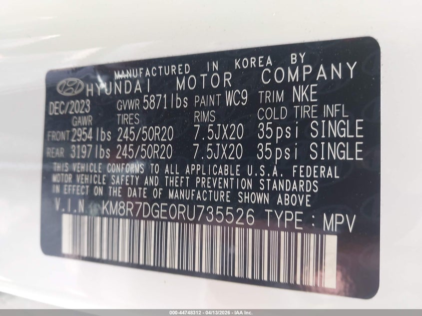 2024 Hyundai Palisade Calligraphy Night Edition VIN: KM8R7DGE0RU735526 Lot: 44748312