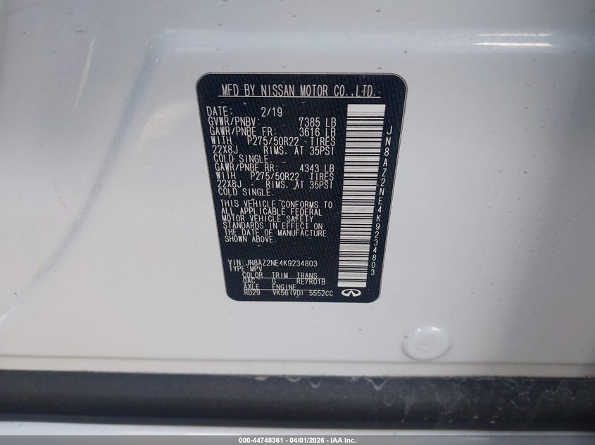 2019 Infiniti Qx80 Luxe VIN: JN8AZ2NE4K9234803 Lot: 44748361