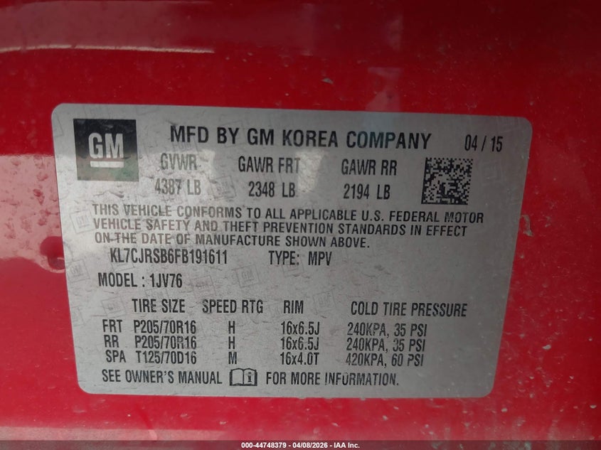 2015 Chevrolet Trax 1.4 Lt red Lot 111044748379 Vin KL7CJRSB6FB191611