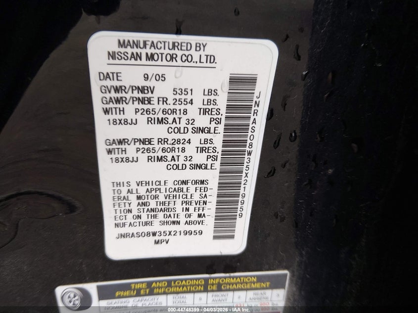 2005 Infiniti Fx35 VIN: JNRAS08W35X219959 Lot: 44748399