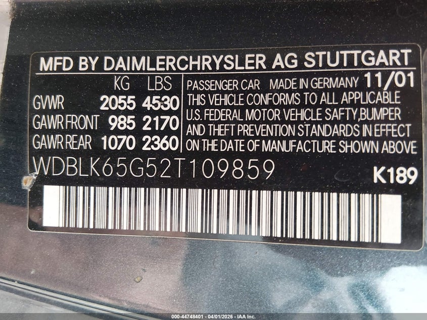 2002 Mercedes-Benz Clk 320 VIN: WDBLK65G52T109859 Lot: 44748401