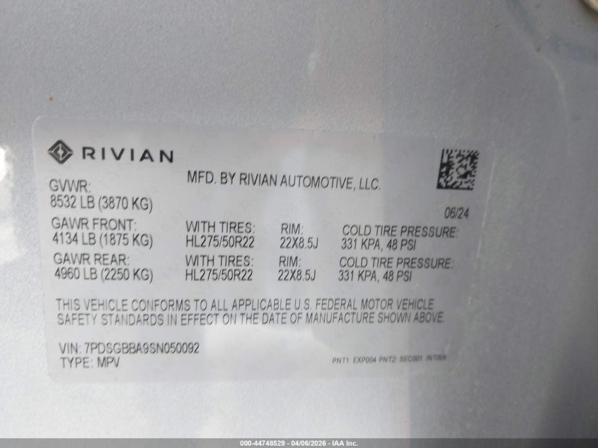 2025 Rivian R1S Adventure Dual Motor Large Pack/Adventure Dual Motor Max Pack VIN: 7PDSGBBA9SN050092 Lot: 44748529