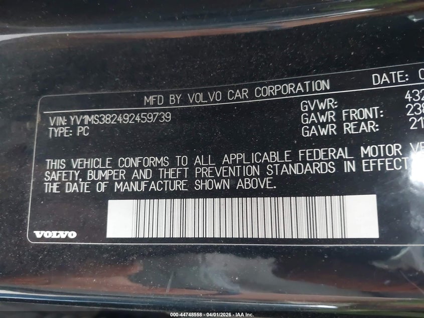 2009 Volvo S40 2.4I VIN: YV1MS382492459739 Lot: 44748558