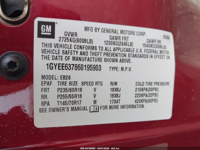 2006 Cadillac Srx V6 VIN: 1GYEE637860195903 Lot: 44748585