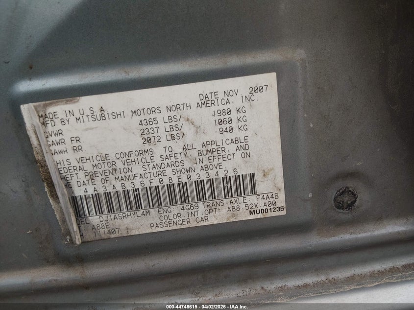 2008 Mitsubishi Galant Es VIN: 4A3AB36F08E033426 Lot: 44748615