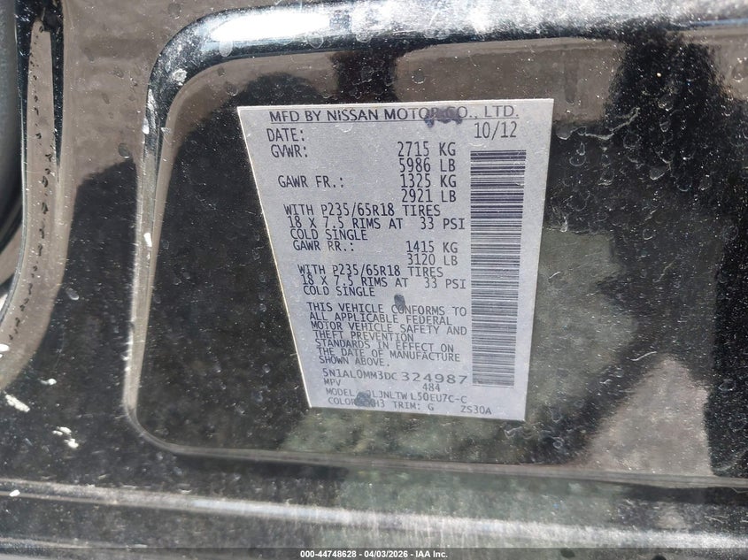 2013 Infiniti Jx35 VIN: 5N1AL0MM3DC324987 Lot: 44748628