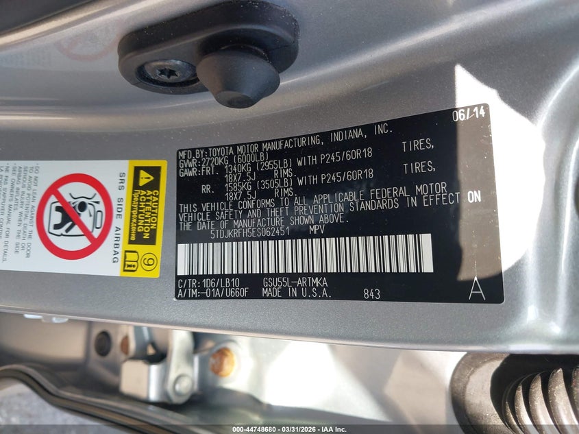 2014 TOYOTA HIGHLANDER SPORT UTILITY VEHICLE 3.5L V-6 DOHC, VVT, 270HP
