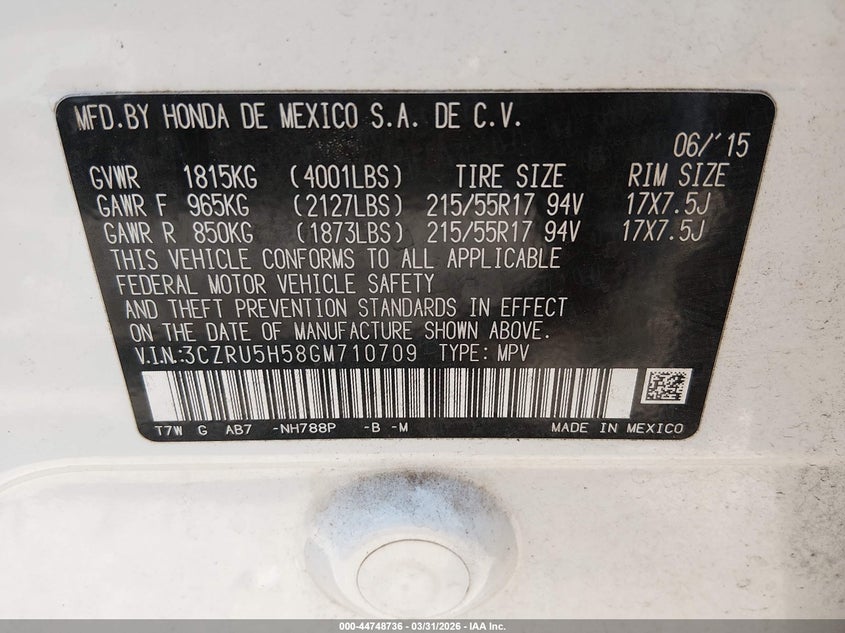 2016 Honda Hr-V Ex VIN: 3CZRU5H58GM710709 Lot: 44748736