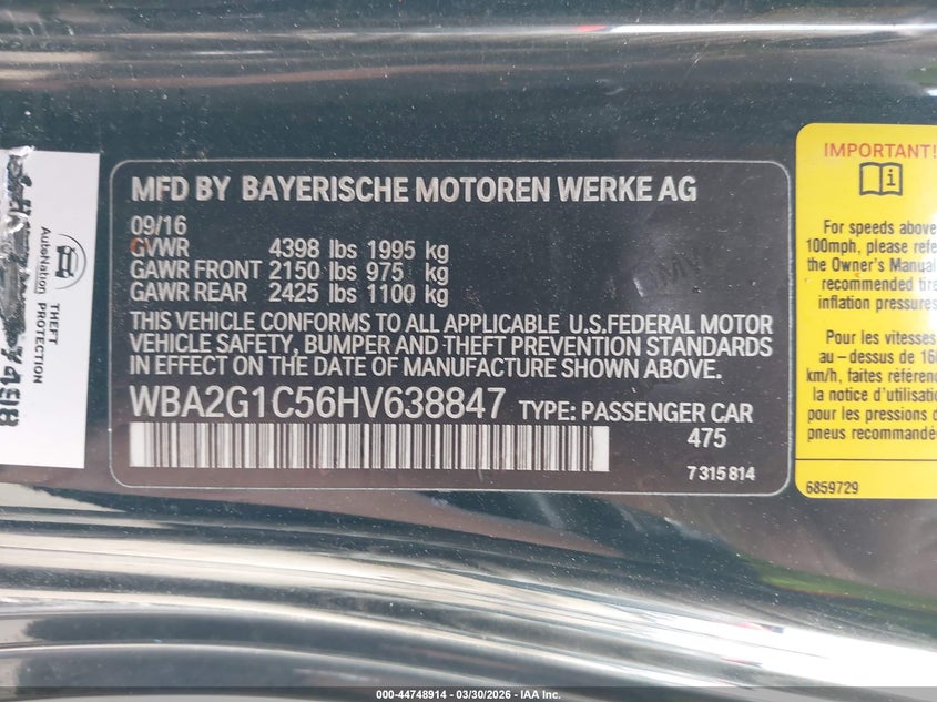 2017 BMW M240I VIN: WBA2G1C56HV638847 Lot: 44748914