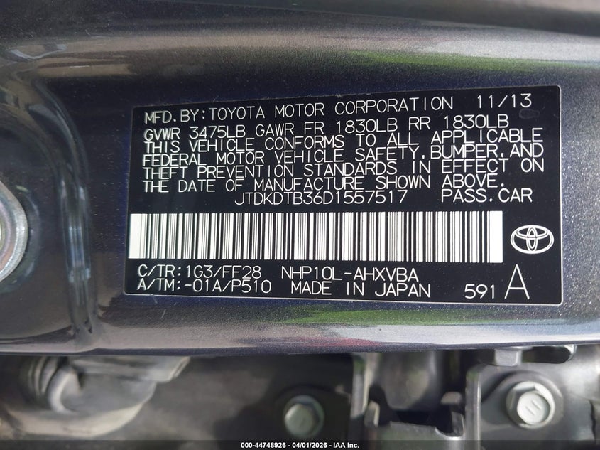 2013 Toyota Prius C Two VIN: JTDKDTB36D1557517 Lot: 44748926