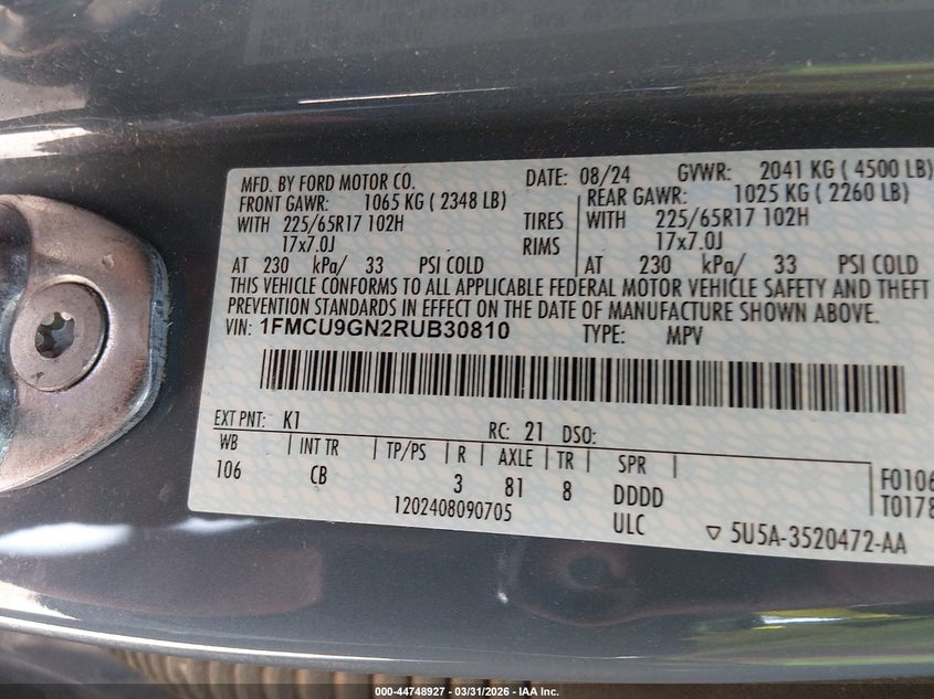 2024 FORD ESCAPE VIN: 1FMCU9GN2RUB30810