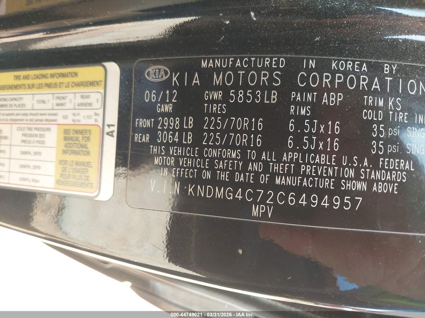 2012 Kia Sedona Lx VIN: KNDMG4C72C6494957 Lot: 44749021