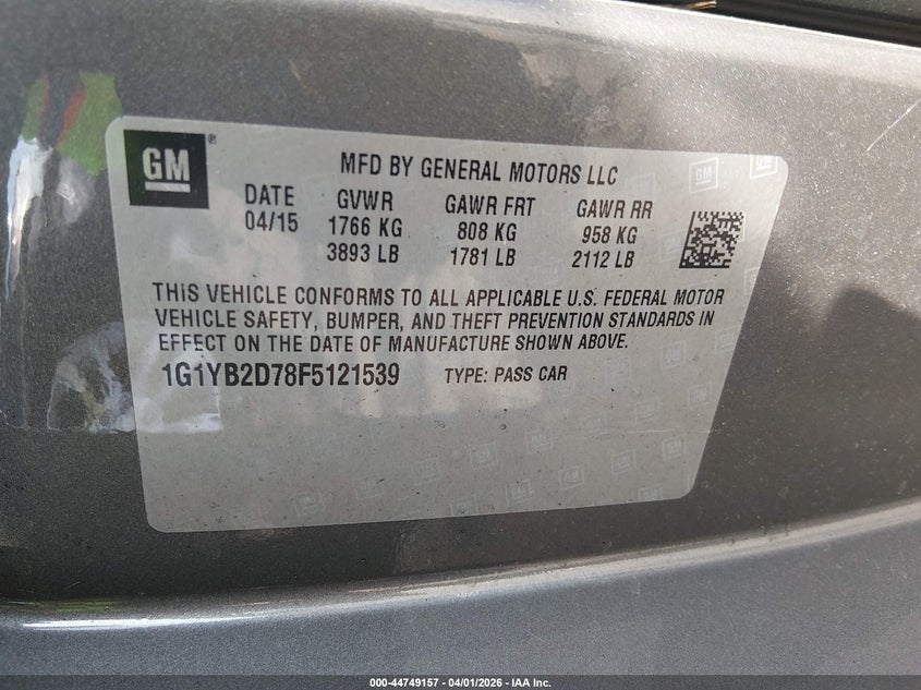 2015 Chevrolet Corvette Stingray VIN: 1G1YB2D78F5121539 Lot: 44749157