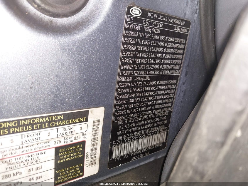 2018 Land Rover Range Rover Velar P250 S VIN: SALYB2RX8JA774882 Lot: 44749274