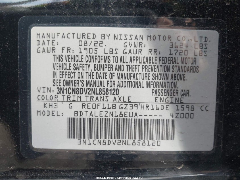 2022 Nissan Versa 1.6 S Xtronic Cvt VIN: 3N1CN8DV2NL858120 Lot: 44749309
