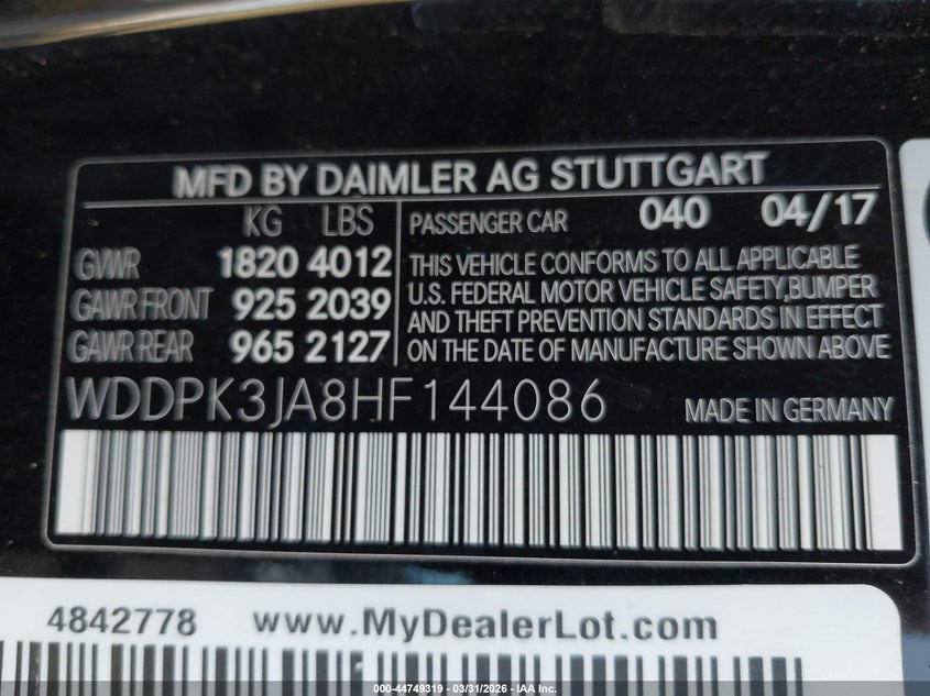 2017 Mercedes-Benz Slc 300 VIN: WDDPK3JA8HF144086 Lot: 44749319