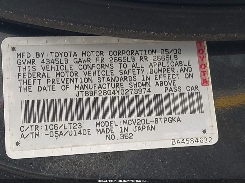 2000 Lexus Es 300 VIN: JT8BF28G4Y0273974 Lot: 44749331