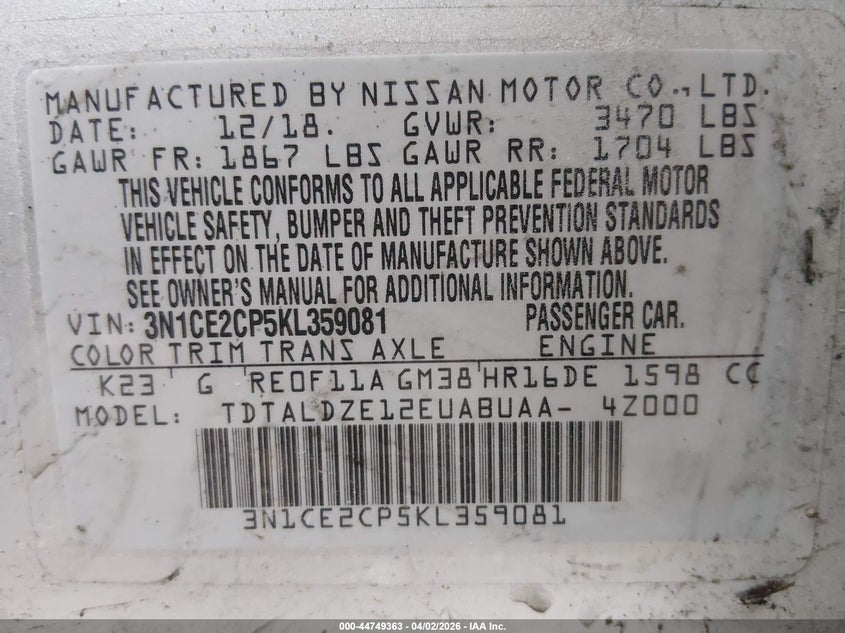 VIN 3N1CE2CP5KL359081 2019 NISSAN VERSA NOTE SV