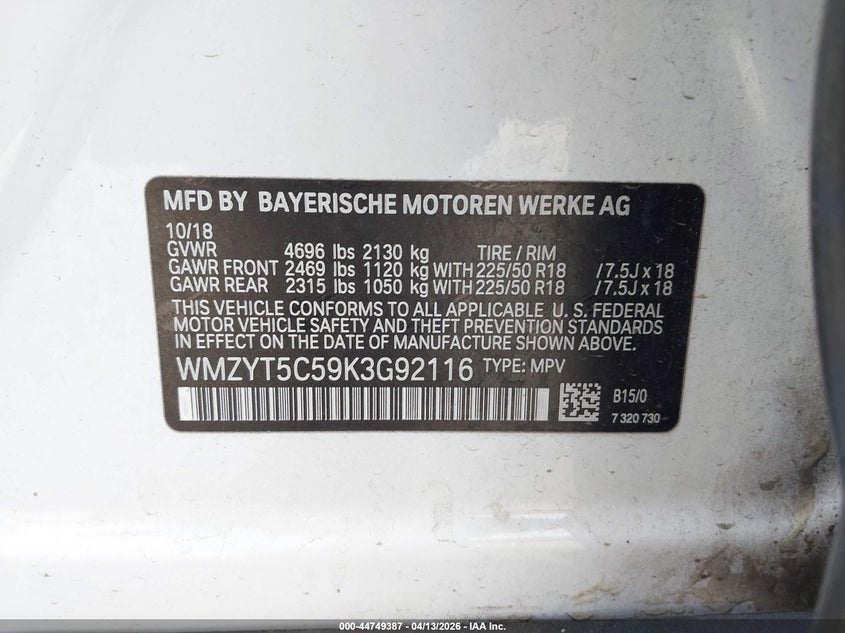 2019 Mini Countryman Cooper S VIN: WMZYT5C59K3G92116 Lot: 44749387