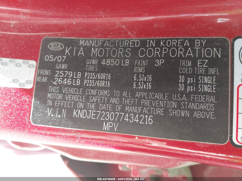 2007 Kia Sportage Lx V6 VIN: KNDJE723077434216 Lot: 44749409