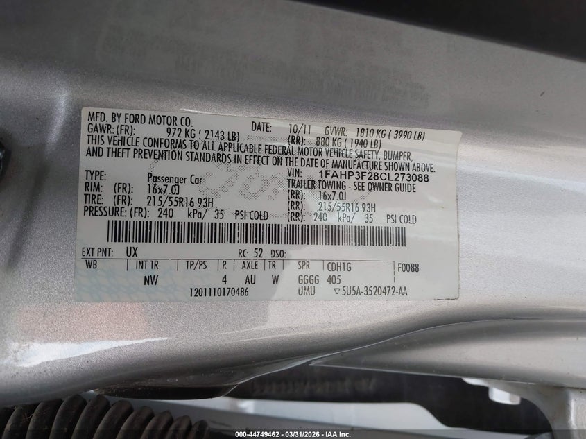 2012 Ford Focus 2.0 Se silver Lot 111044749462 Vin 1FAHP3F28CL273088