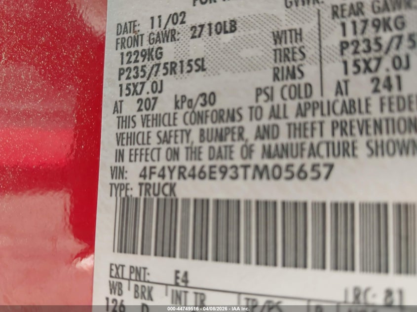 2003 Mazda B4000 Ds VIN: 4F4YR46E93TM05657 Lot: 44749516