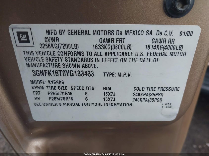 2000 Chevrolet Suburban 1500 Ls VIN: 3GNFK16T0YG133433 Lot: 44749565